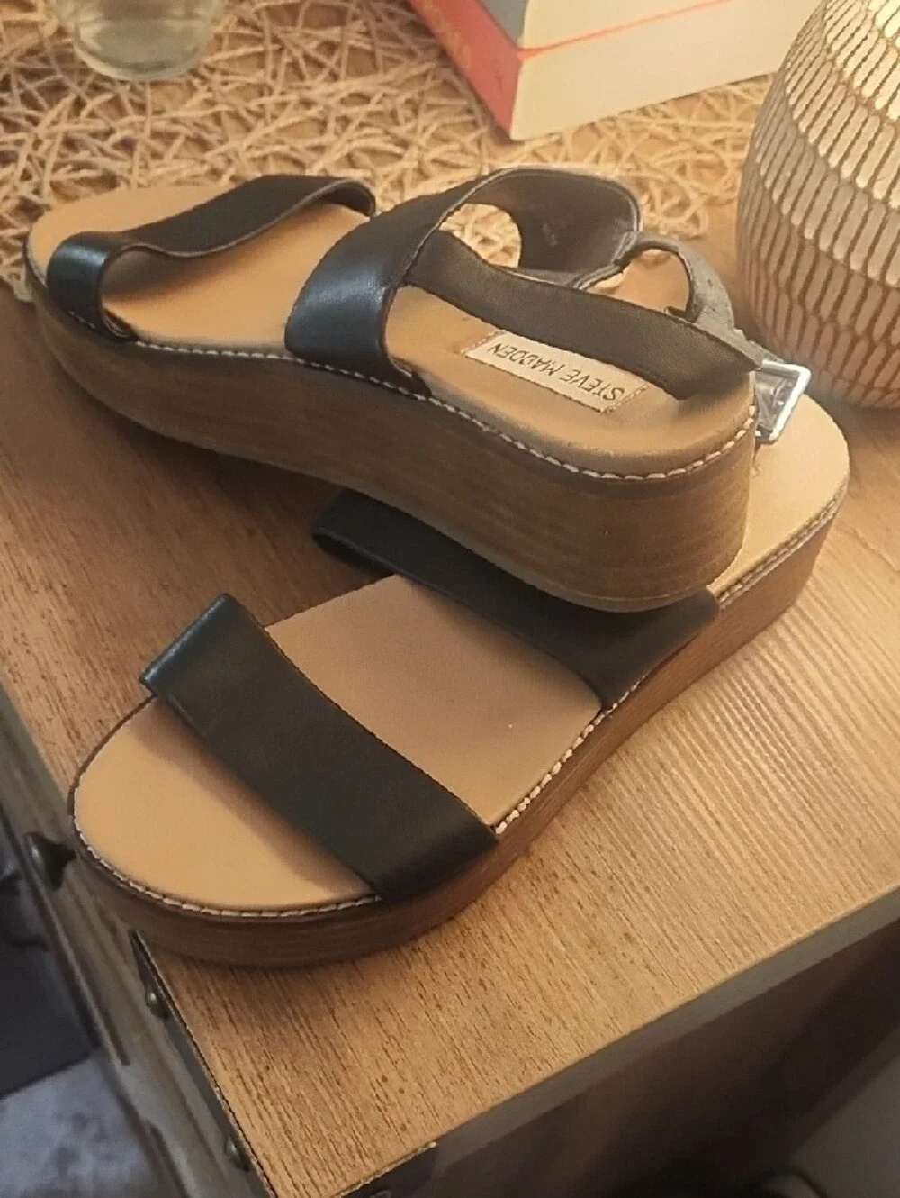 Steve‎ Madden Black Leather Platform Slide Sandals